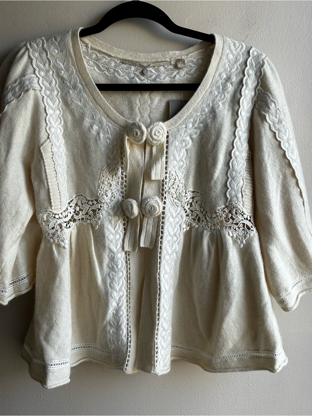 Anthropologie Cream Embroidered Lace Tunic Cardigan